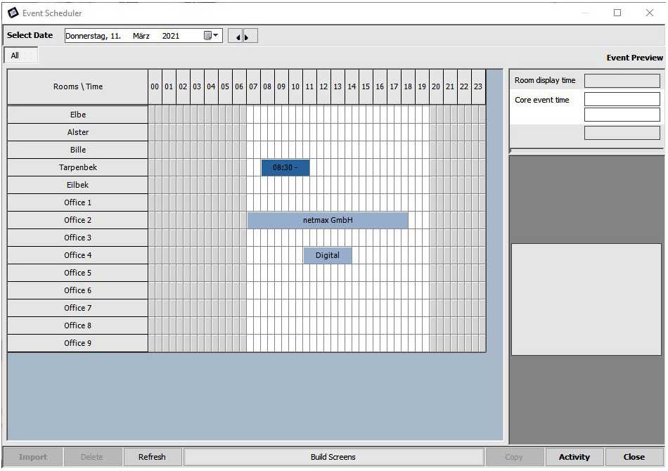 The event scheduler for the creation of appointments and the automated filling of the displays.